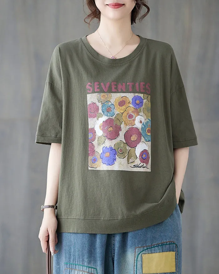 ellazhu Women's Shirt Half Sleeve Crewneck Oversize Loose Pattern with Flowers Spring Summer GA2747