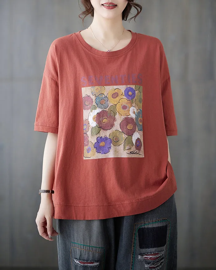ellazhu Women's Shirt Half Sleeve Crewneck Oversize Loose Pattern with Flowers Spring Summer GA2747