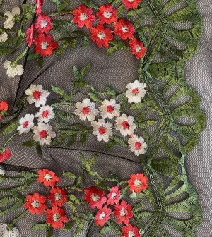 Embroidered Vining Fleurs Scalloped Polyester Mesh (Made in Italy)