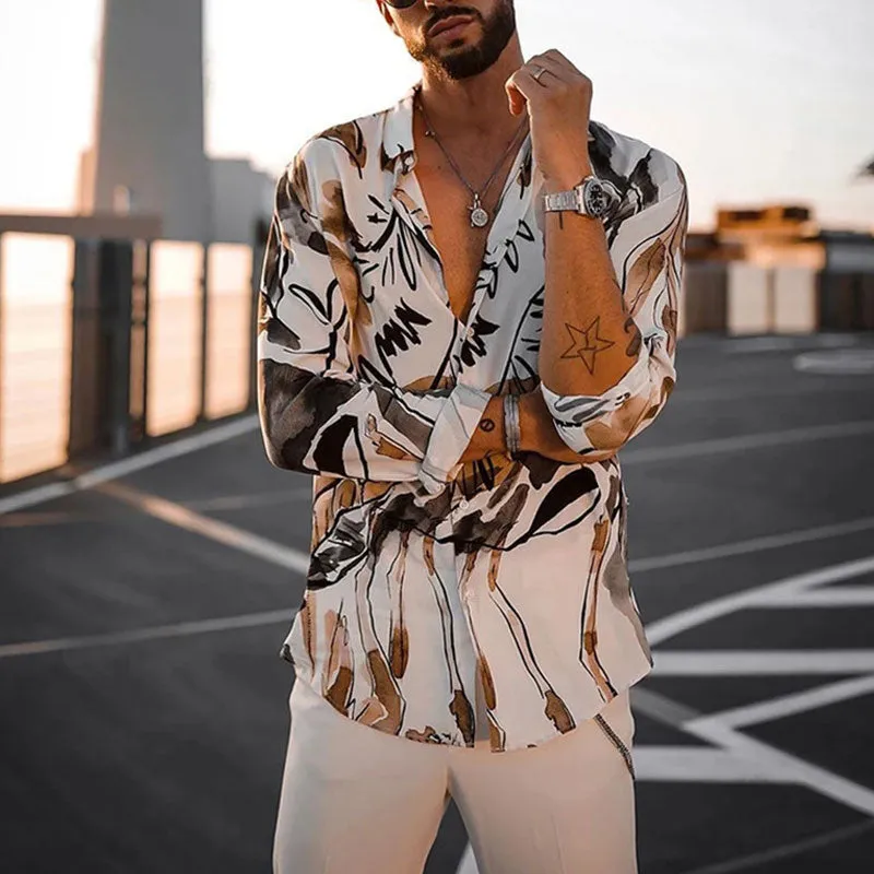 Ethnic Printed Shirt Men Hawaiian Button Long-sleeved Digital Shirt for Men Casual Holiday Streetwear Vintage S-2XL  Spring