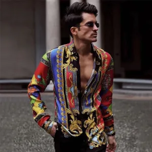Ethnic Printed Shirt Men Hawaiian Button Long-sleeved Digital Shirt for Men Casual Holiday Streetwear Vintage S-2XL  Spring