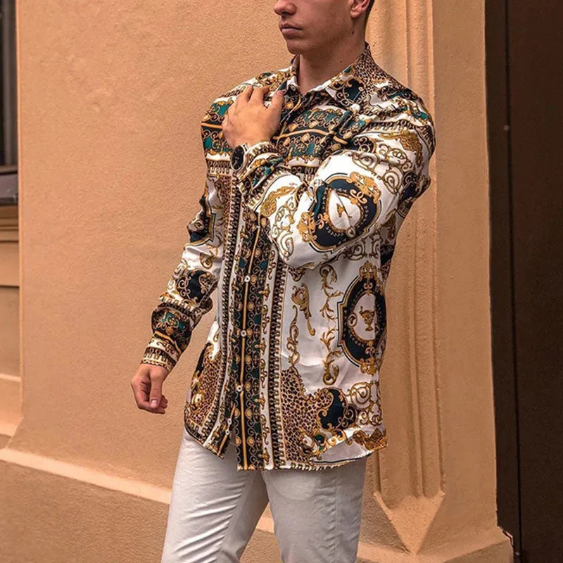 Ethnic Printed Shirt Men Hawaiian Button Long-sleeved Digital Shirt for Men Casual Holiday Streetwear Vintage S-2XL  Spring