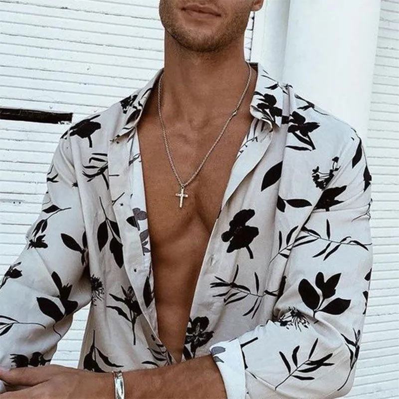Ethnic Printed Shirt Men Hawaiian Button Long-sleeved Digital Shirt for Men Casual Holiday Streetwear Vintage S-2XL  Spring