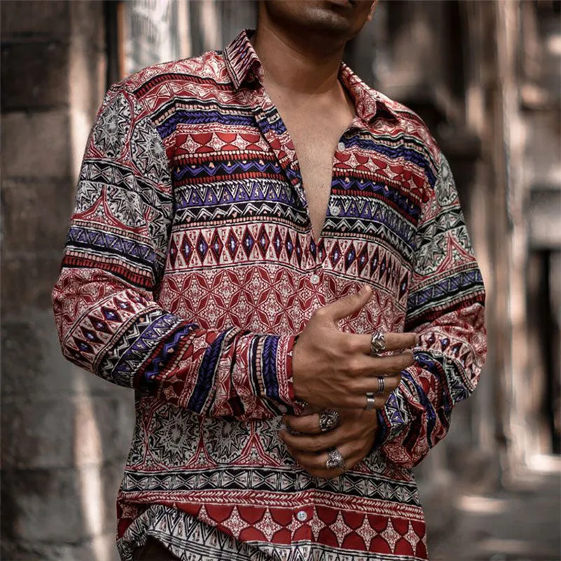 Ethnic Printed Shirt Men Hawaiian Button Long-sleeved Digital Shirt for Men Casual Holiday Streetwear Vintage S-2XL  Spring