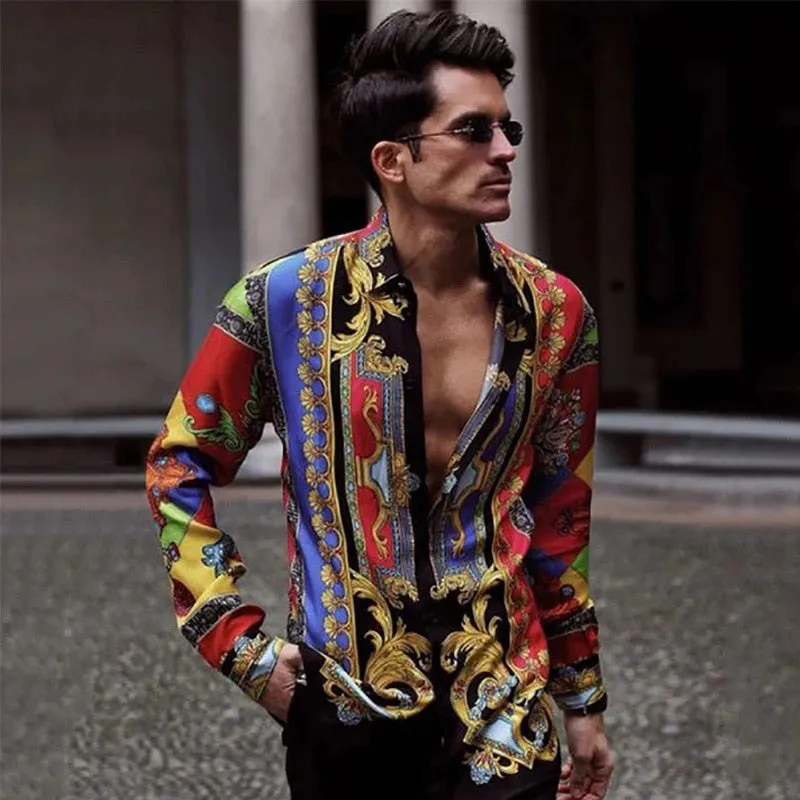 Ethnic Printed Shirt Men Hawaiian Button Long-sleeved Digital Shirt for Men Casual Holiday Streetwear Vintage S-2XL  Spring