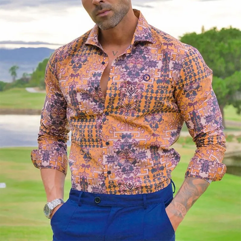 Ethnic Printed Shirt Men Hawaiian Button Long-sleeved Digital Shirt for Men Casual Holiday Streetwear Vintage S-2XL  Spring