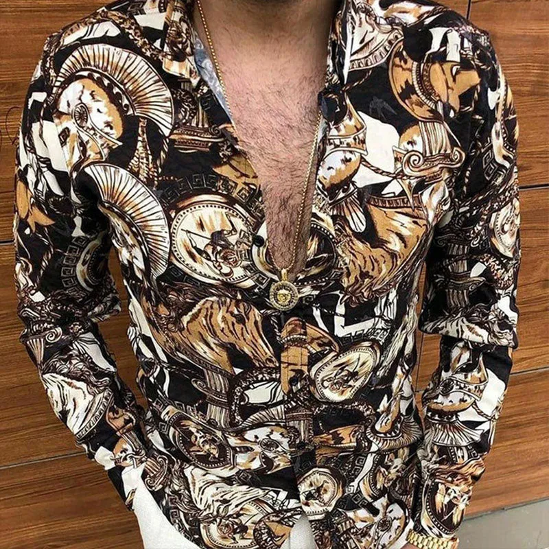 Ethnic Printed Shirt Men Hawaiian Button Long-sleeved Digital Shirt for Men Casual Holiday Streetwear Vintage S-2XL  Spring