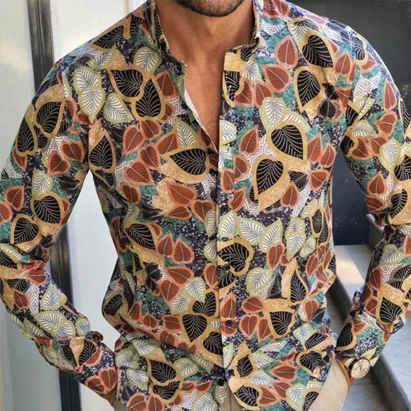Ethnic Printed Shirt Men Hawaiian Button Long-sleeved Digital Shirt for Men Casual Holiday Streetwear Vintage S-2XL  Spring
