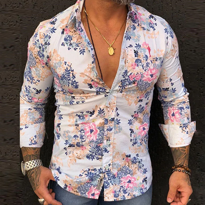 Ethnic Printed Shirt Men Hawaiian Button Long-sleeved Digital Shirt for Men Casual Holiday Streetwear Vintage S-2XL  Spring
