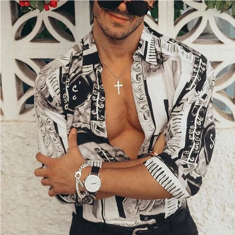 Ethnic Printed Shirt Men Hawaiian Button Long-sleeved Digital Shirt for Men Casual Holiday Streetwear Vintage S-2XL  Spring