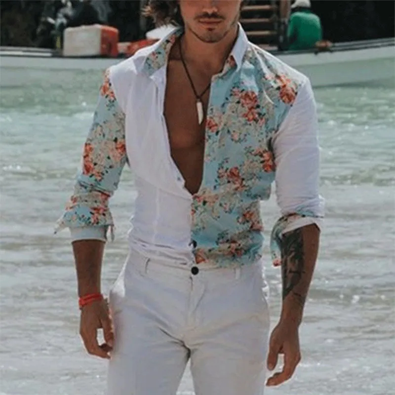 Ethnic Printed Shirt Men Hawaiian Button Long-sleeved Digital Shirt for Men Casual Holiday Streetwear Vintage S-2XL  Spring
