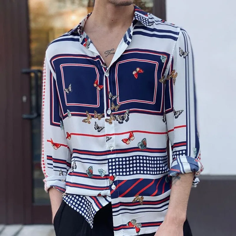 Ethnic Printed Shirt Men Hawaiian Button Long-sleeved Digital Shirt for Men Casual Holiday Streetwear Vintage S-2XL  Spring