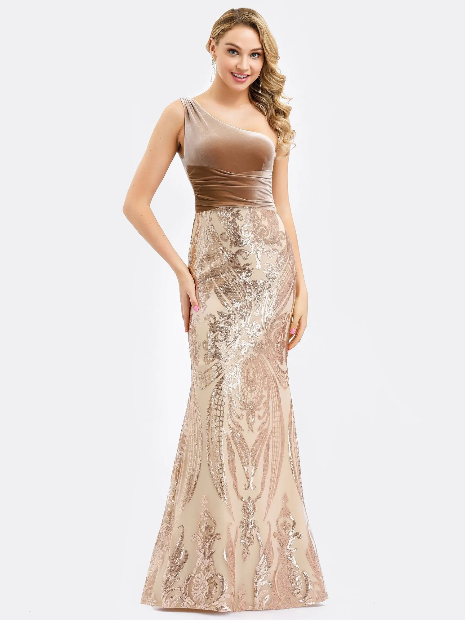 Ever-Pretty Women's One Shoulder Velvet Patchwork Mermaid Maxi Dress EP00970
