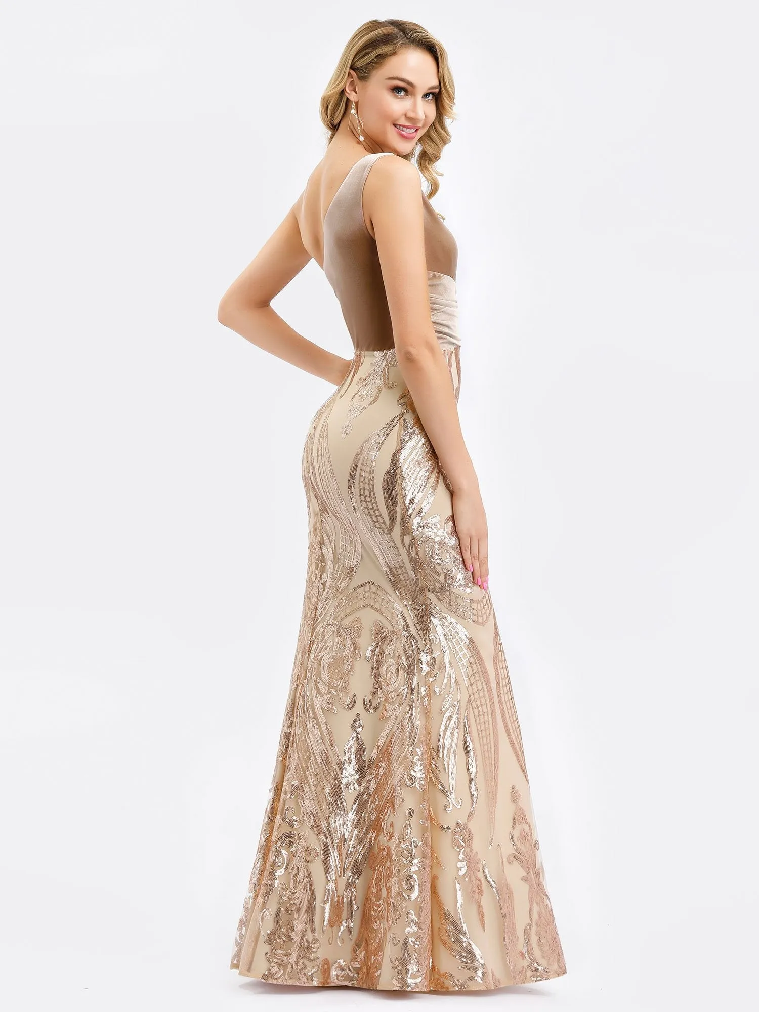 Ever-Pretty Women's One Shoulder Velvet Patchwork Mermaid Maxi Dress EP00970