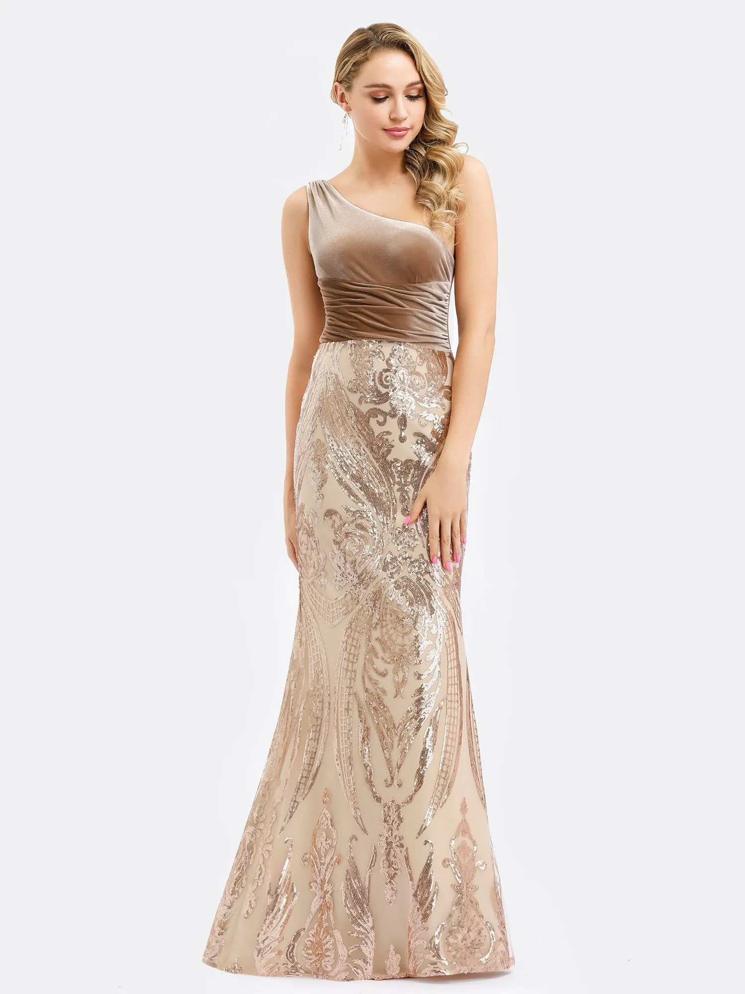 Ever-Pretty Women's One Shoulder Velvet Patchwork Mermaid Maxi Dress EP00970