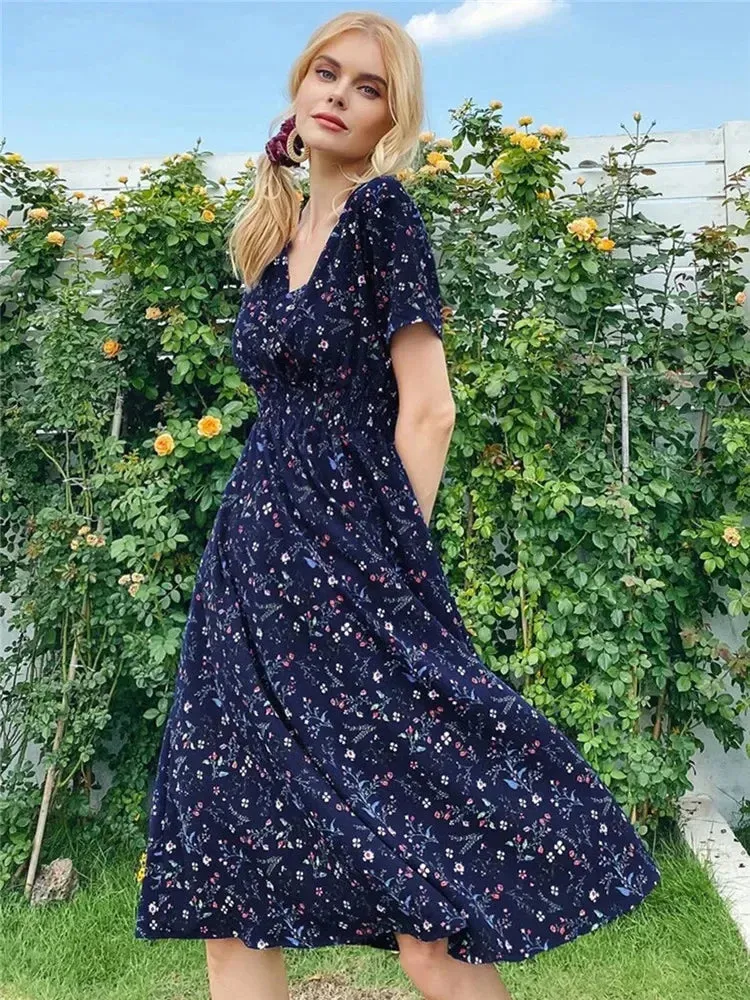 Fashionable Floral Holiday Sleeveless Chic Summer Long Midi Dress