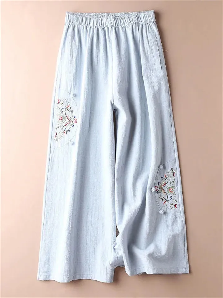 Female Ethnic Style Embroidered Relaxed Fit Thin Pants
