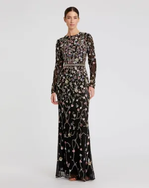 Floral embellished long sleeve modest gown - Black
