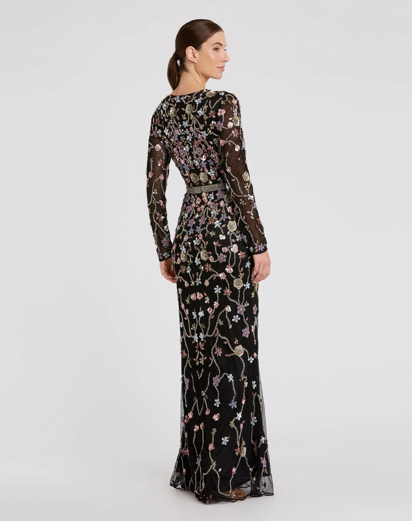 Floral embellished long sleeve modest gown - Black