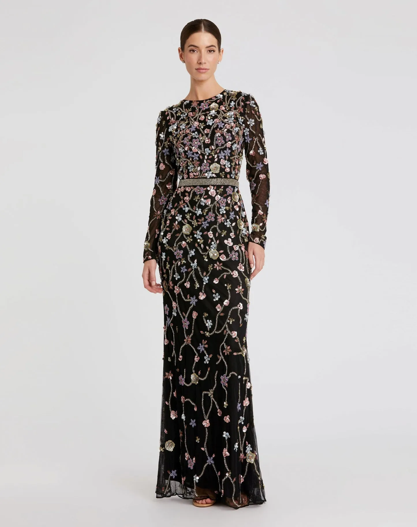 Floral embellished long sleeve modest gown - Black