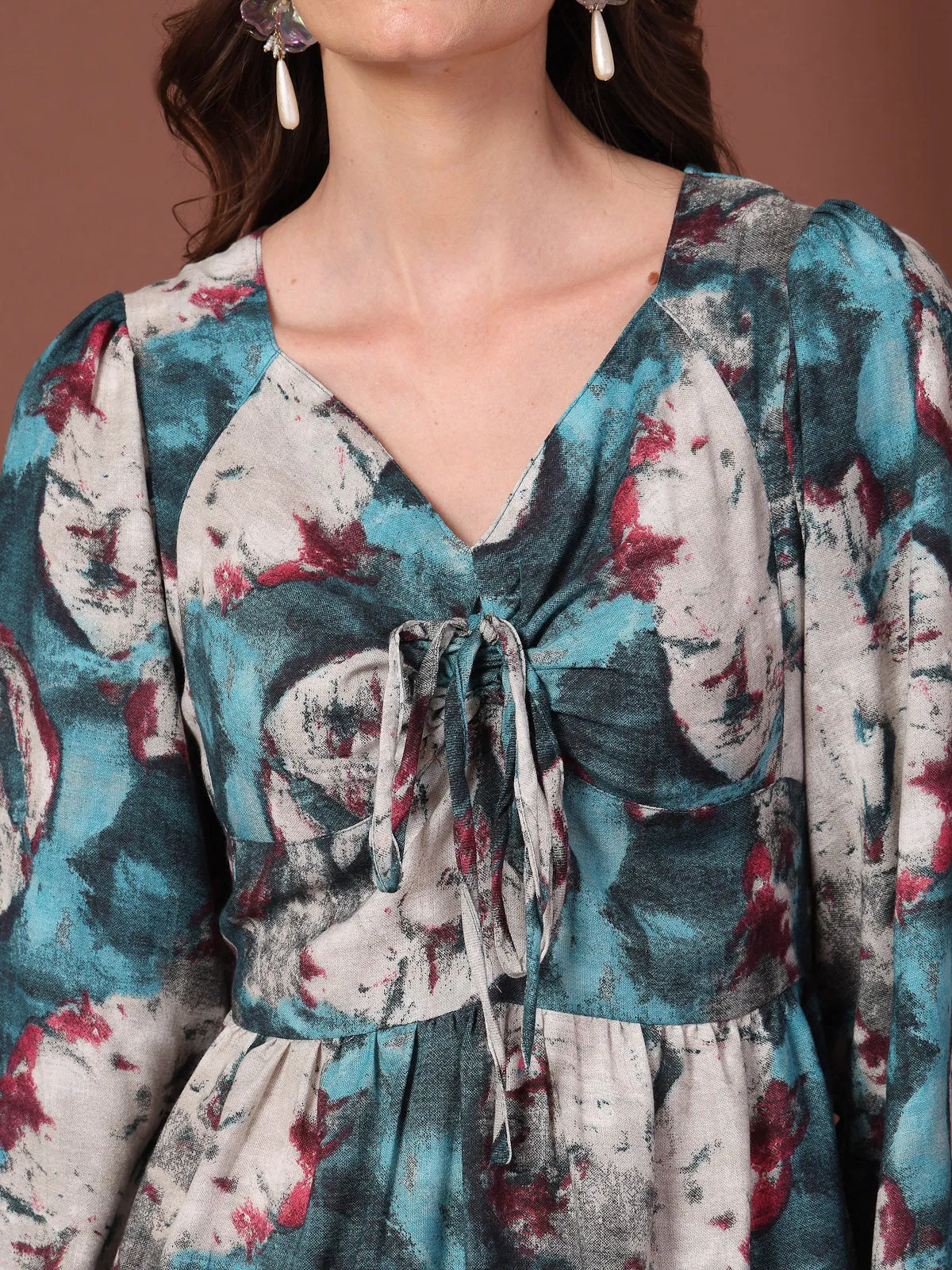 Floral Print Tie-Up Neck Puff Sleeve Fit & Flare Mini Dress