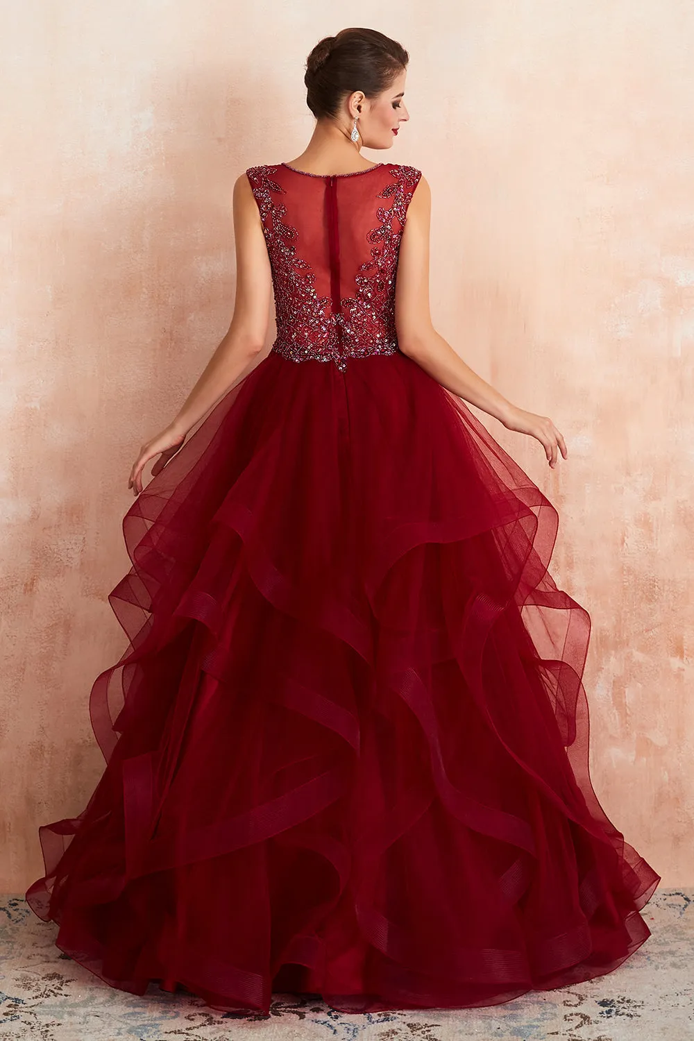 Glamorous Long Ball Gown V-neck Tulle Burgundy Prom Dress
