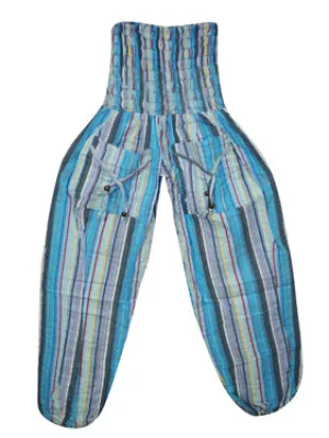 Handmade Hippie Cotton Yoga Pant, Blue Stripe Boho Comfy Harem Pants Trouser S/M/L