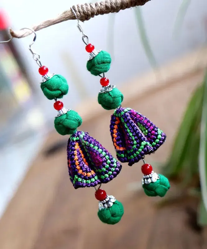 Handmade Red Cotton Linen Embroidered Floral Drop Earrings AD1033