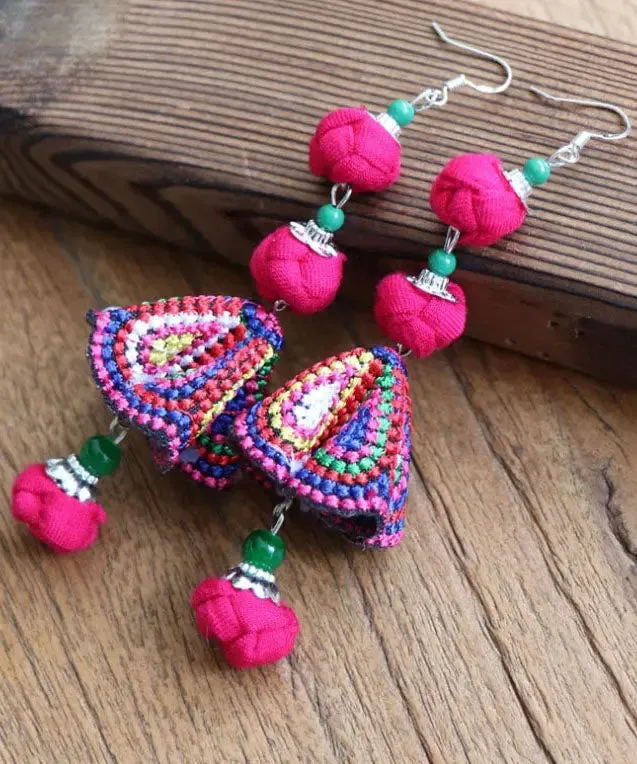 Handmade Red Cotton Linen Embroidered Floral Drop Earrings AD1033