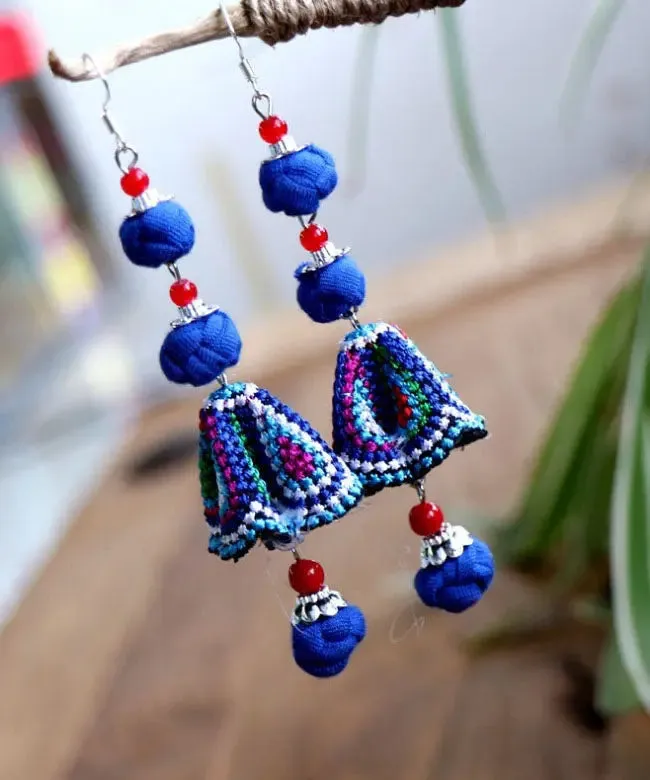 Handmade Red Cotton Linen Embroidered Floral Drop Earrings AD1033