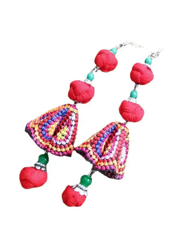 Handmade Red Cotton Linen Embroidered Floral Drop Earrings AD1033