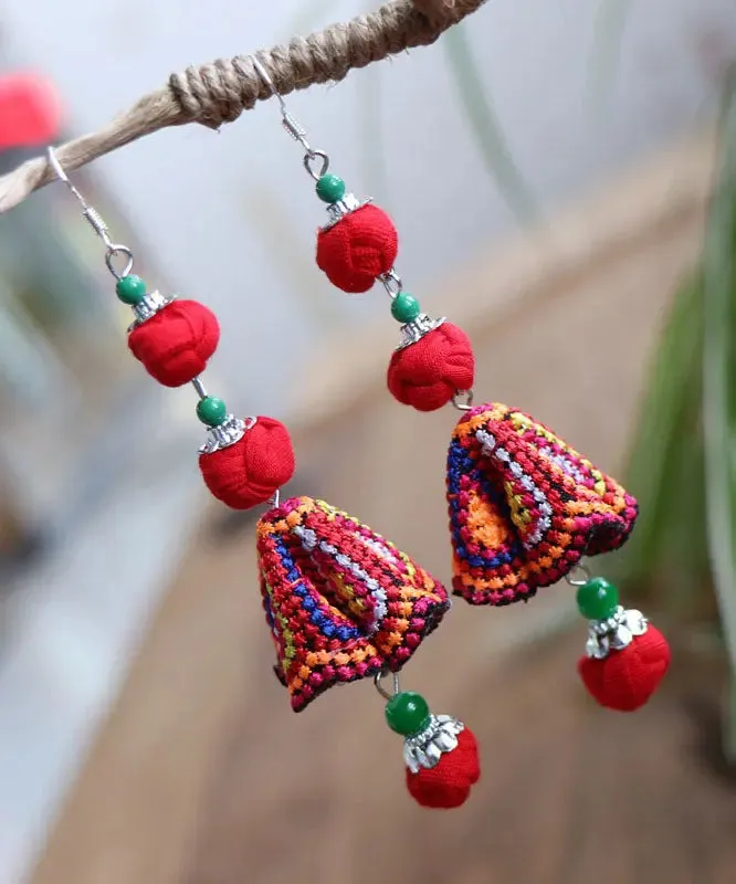Handmade Red Cotton Linen Embroidered Floral Drop Earrings AD1033