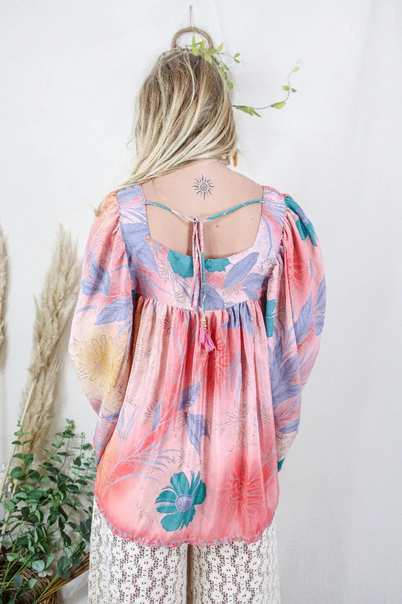 Honey Top - Vintage Indian Sari - Peachy Pink Floral (S/M)