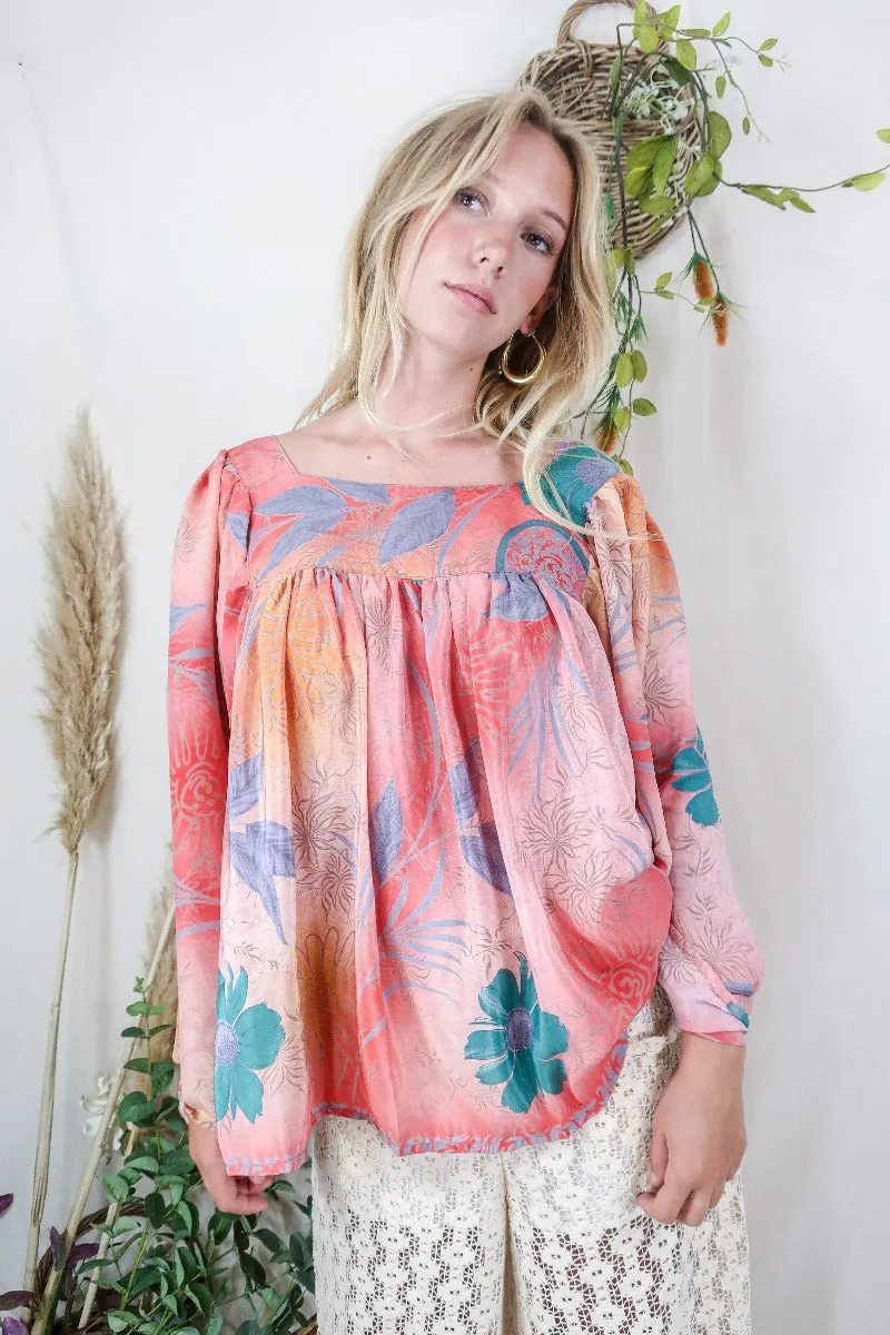 Honey Top - Vintage Indian Sari - Peachy Pink Floral (S/M)