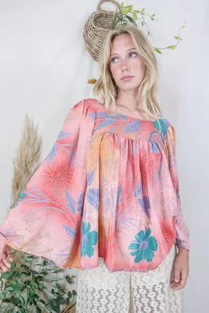 Honey Top - Vintage Indian Sari - Peachy Pink Floral (S/M)