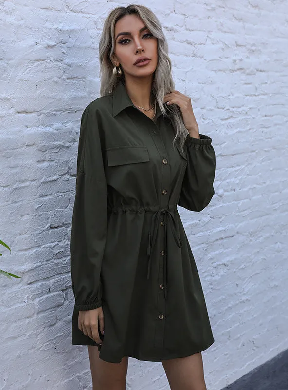 Lapel Casual Solid Color Cardigan Shirt Dress