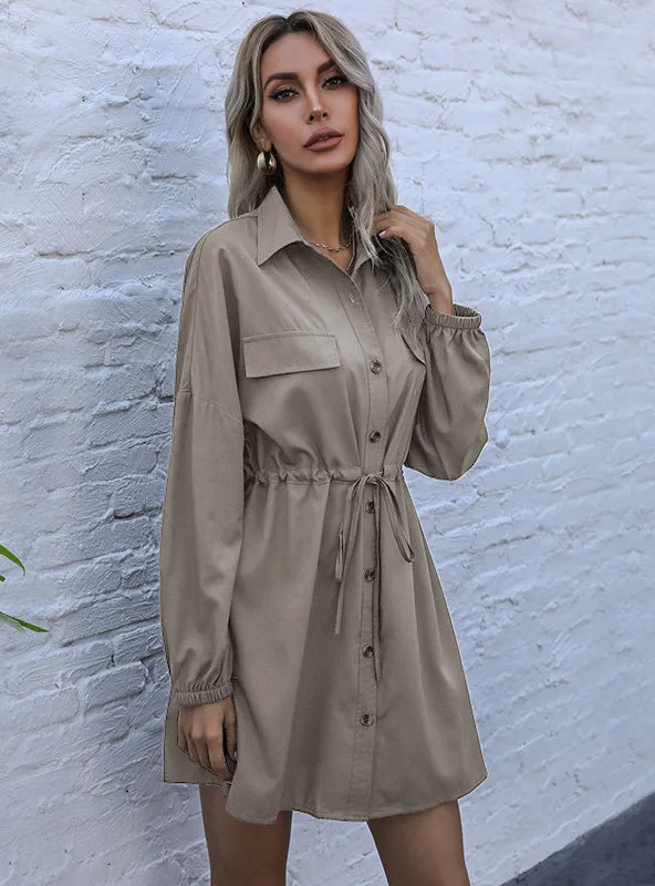 Lapel Casual Solid Color Cardigan Shirt Dress