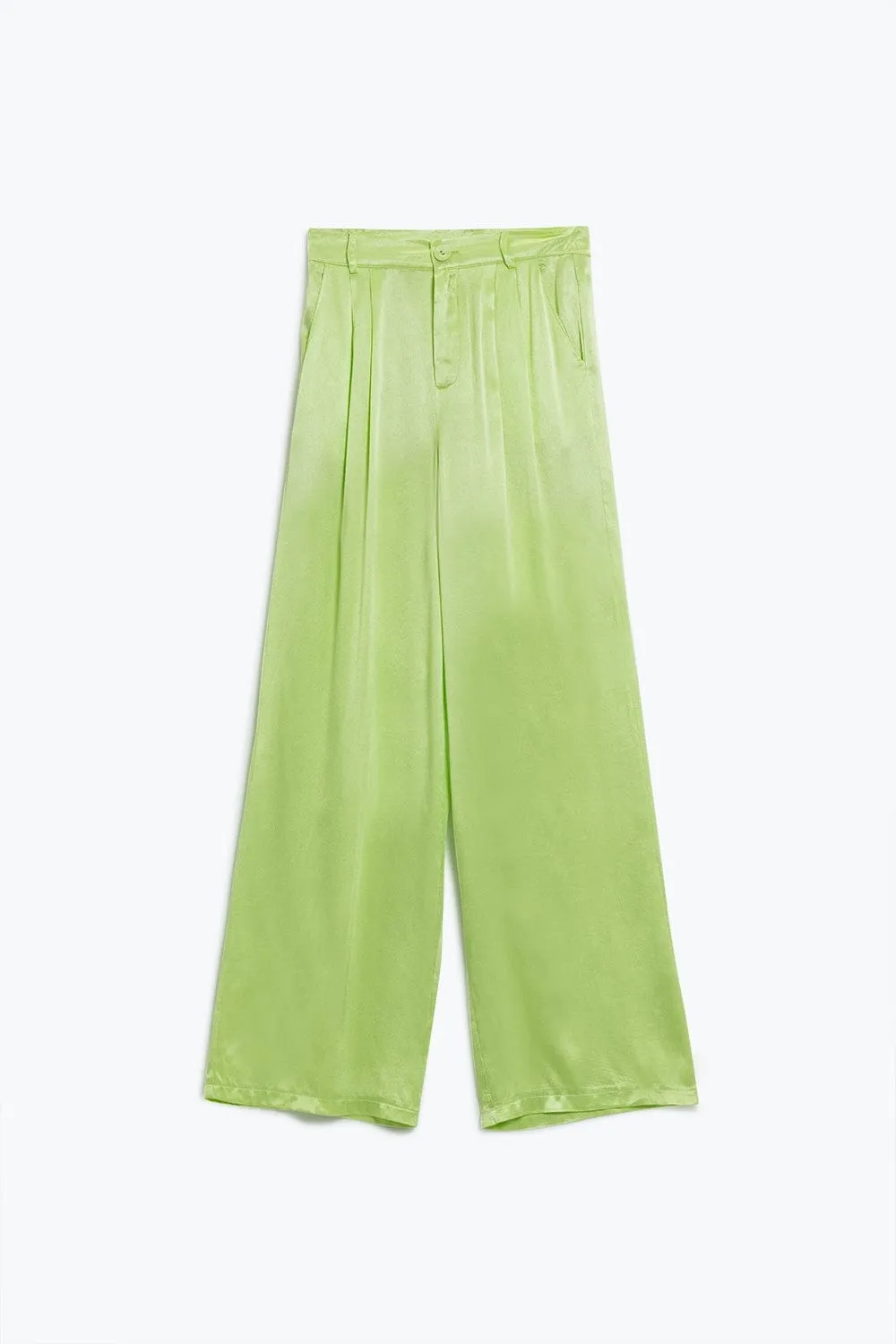 Lime Flared Satin Pants With Pockets