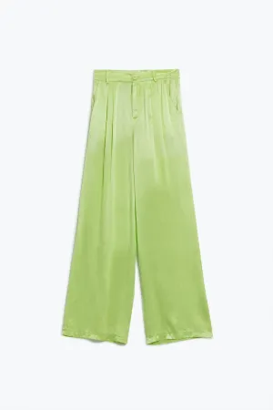 Lime Flared Satin Pants With Pockets