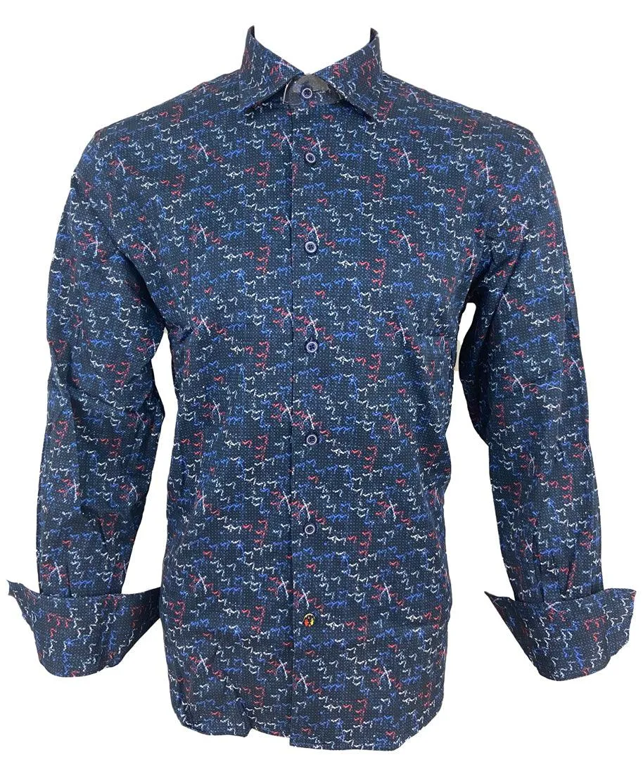 Luchiano Visconti Medium Blue Abstract Design Long Sleeve Shirt