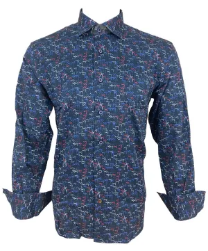 Luchiano Visconti Medium Blue Abstract Design Long Sleeve Shirt
