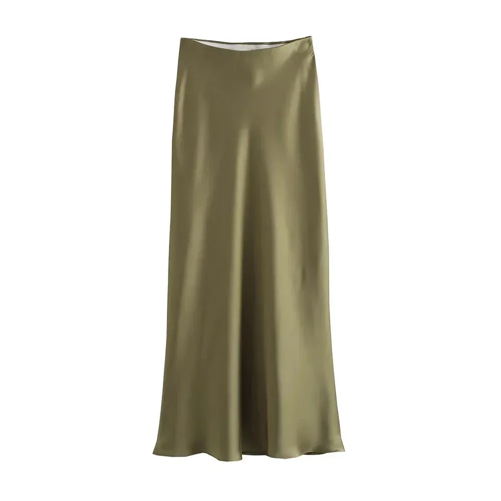 LVSANW Women's Flowing Satin Midi Skirt, High Waist With Elastic Waistband, Female Skirts, Chic Fashion