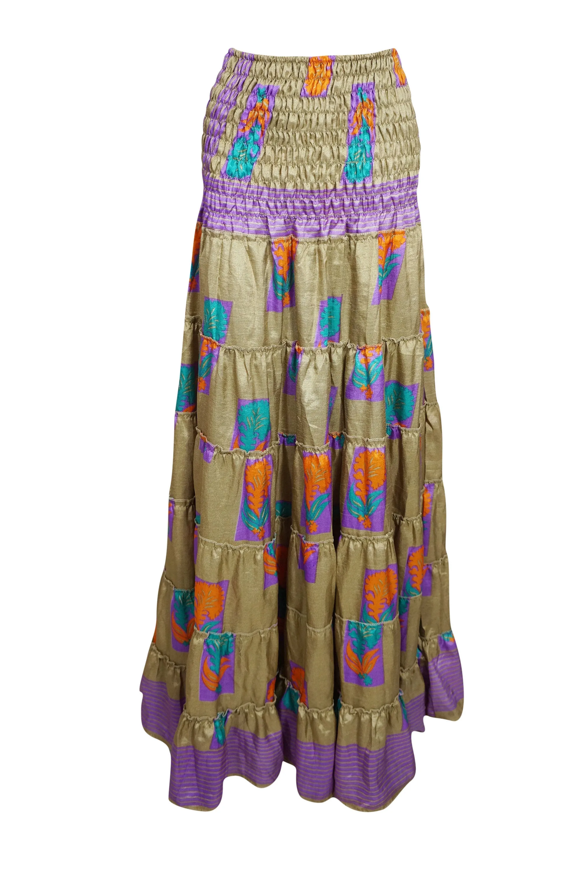 Maxi Skirt, Strapless Dresses Green Purple Floral Printed S/M