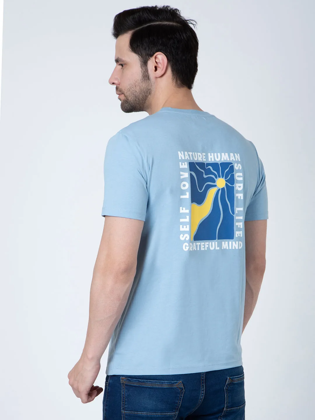 Men Round Neck Sky Blue T-Shirt