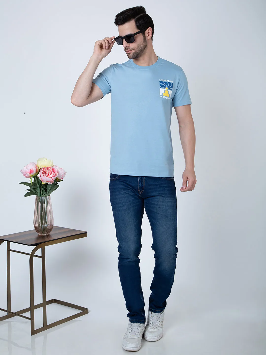 Men Round Neck Sky Blue T-Shirt
