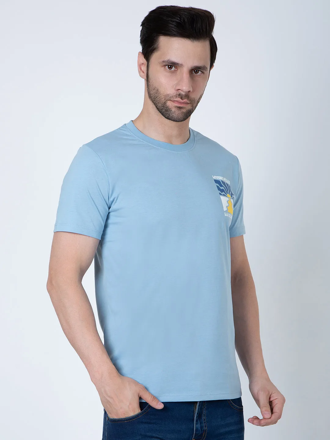 Men Round Neck Sky Blue T-Shirt