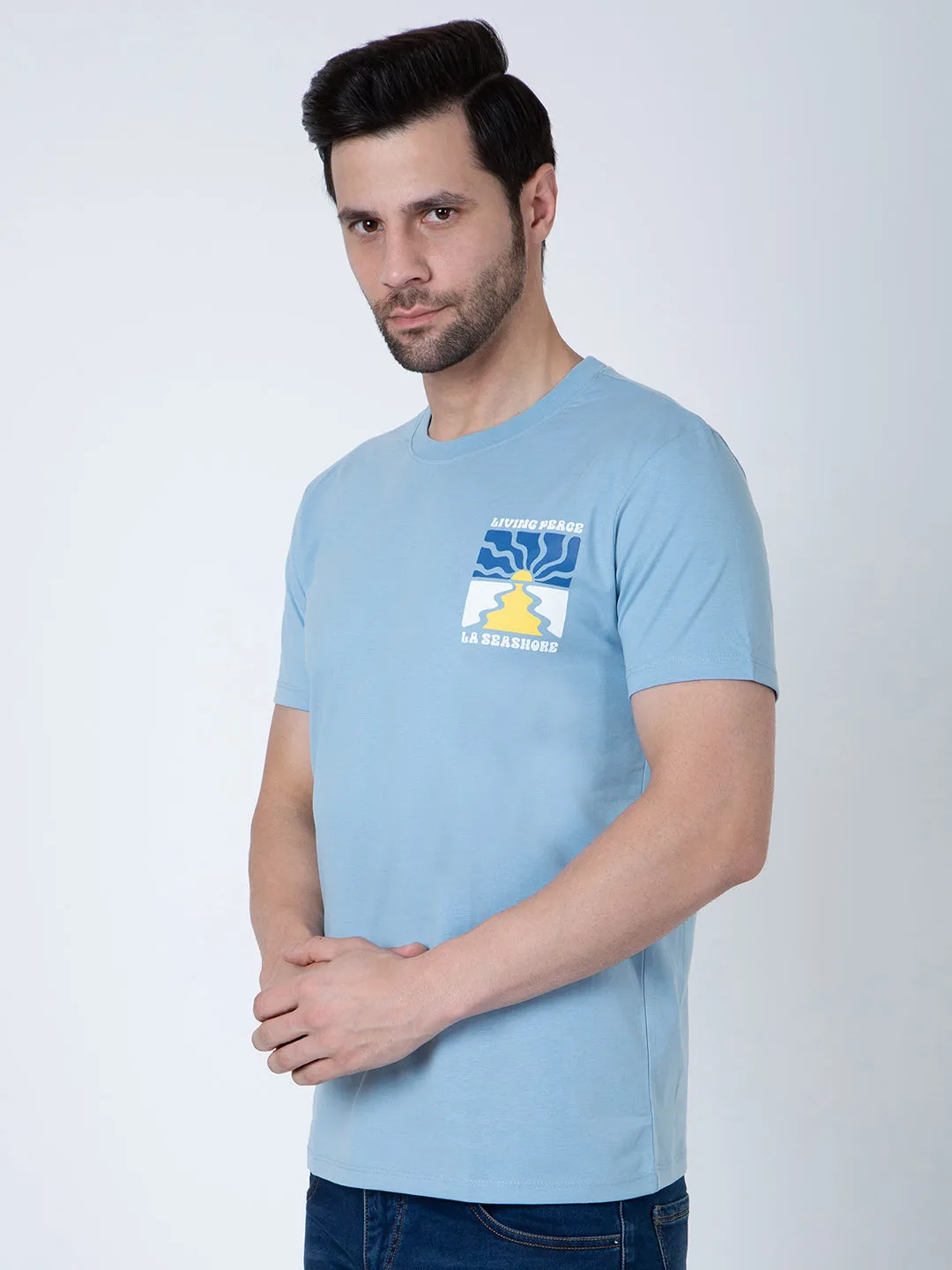 Men Round Neck Sky Blue T-Shirt