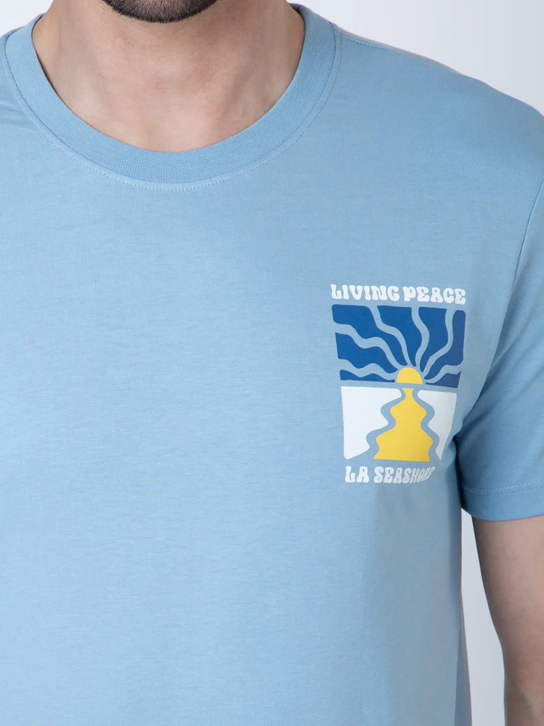 Men Round Neck Sky Blue T-Shirt