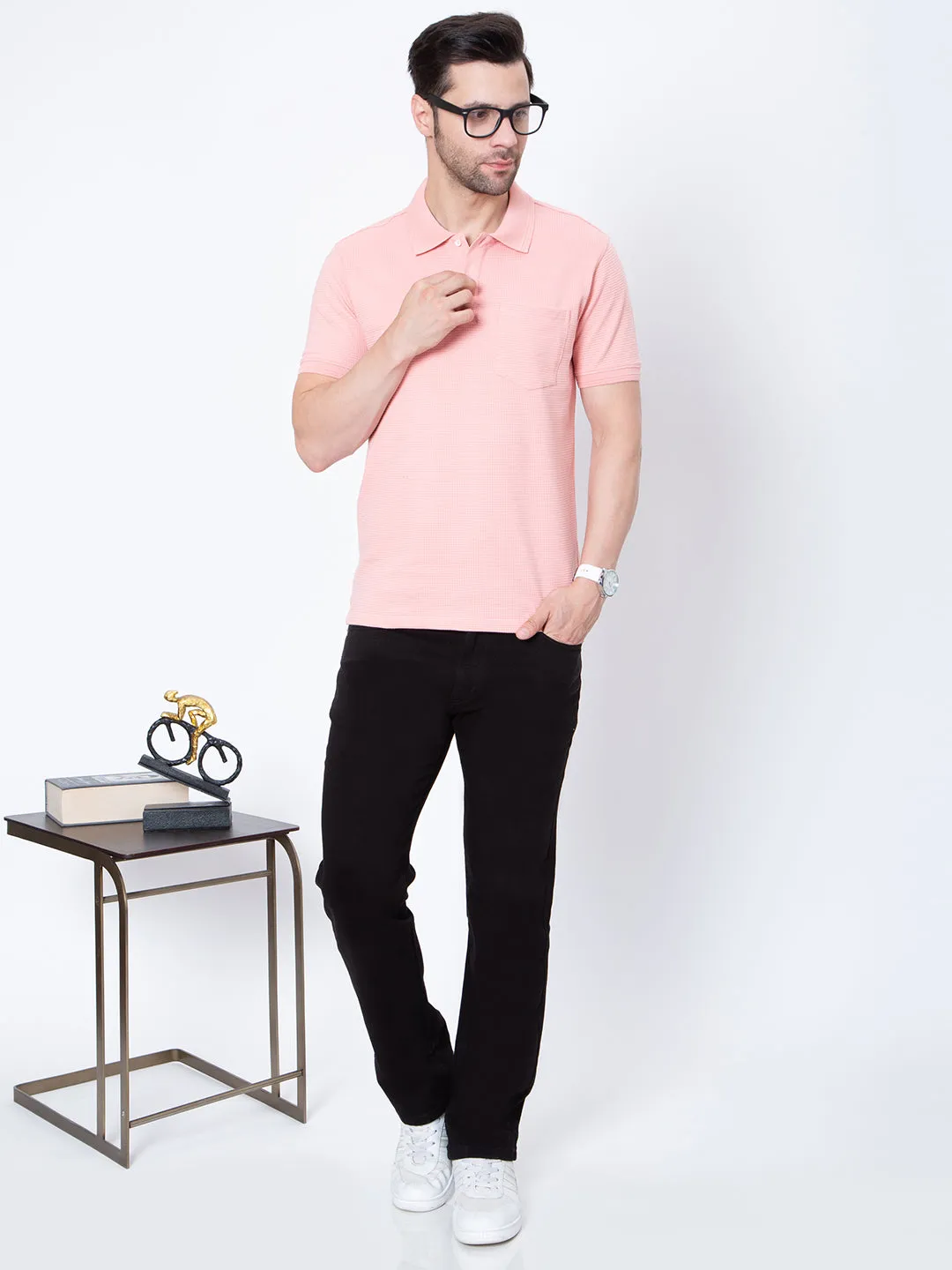 Mens Jaquard Solid Color Polo Neck Tshirt