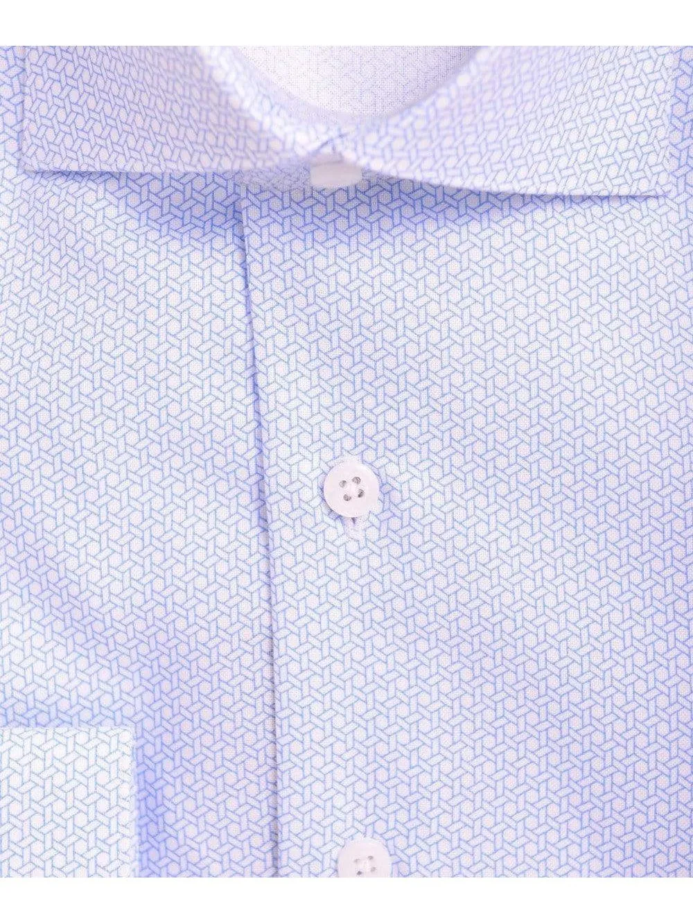 Mens Slim Fit Blue & White Geometric Pattern Spread Collar Cotton Dress Shirt